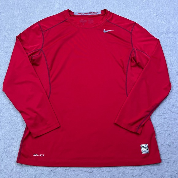 Nike Pro Combat Shirt Mens Large Red Fitted Core Long Sleeve Dri-Fit 449788 - Picture 1 of 14
